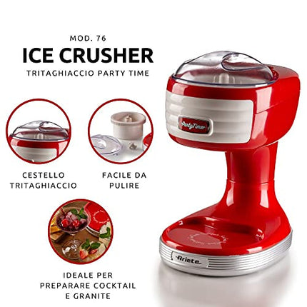 Ariete Ice Crusher Party Time 76, Macchina per Ghiaccio e Granite, 30W, Tritaghiaccio con Cestello Removibile, Coperchio Trasparente, Set di Lame in Acciaio Inox, 30W, Rosso