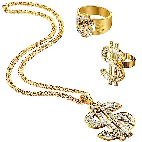 Accessori Rapper, Costume Hip Hop, Hip Hop Set Catena Placcata Oro, Collana Dollaro Collana Piatta Oro Anello Dollaro Travestimento Accessossi per festa a tema 80 anni '90 Concerti Cosplay Carnevale