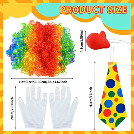 Costume Clown - 4 pezzi, Parrucca Riccia da Clown Naso da Pagliaccio Cravatta Colorata Guanti Bianchi, Costume Carnevale Donna Costume Halloween Bambino Cosplay Uomo