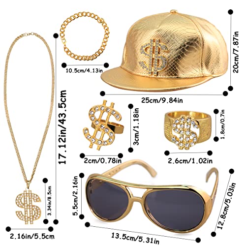 Kit Di Costume Hip Hop, Set Accessori 80s 90s Rapper Costume, 1 Pezzo Collana Dollaro, 2 Pezzi Anelli Dollaro, 1 Pezzo Bracciali, 1 Pezzi Cappello con 1 Coppia di Occhiali da Sole per Uomini