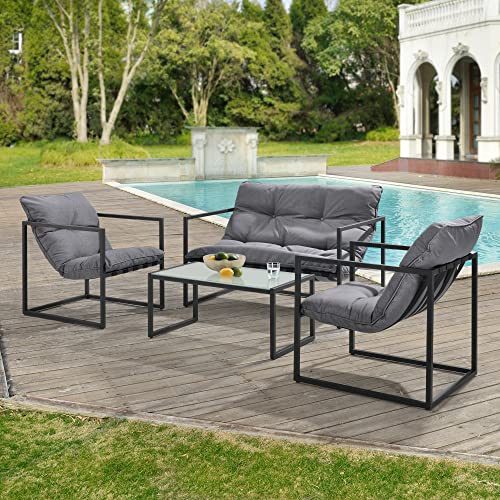 casa.pro Set Mobili da Giardino Completo di 2 Poltrone e 1 Divano da Esterno con Cuscini in Olefina e 1 Tavolino con Piano in Vetro - Nero e Grigio