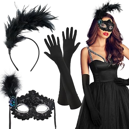 BETESSIN Kit Accessori Flapper Anni '20 Donna Travestimento 1920s Cerchietto Capelli Donna Piume Maschera Piume Guanti Lunghi Nero Accessori Flapper per Donna Gatsby Ballo Festa Carnevale Halloween