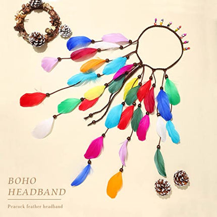 Yean Fasce per capelli con piume bohémien indiane copricapo colorato hippie fascia per capelli fatta a mano piuma rave accessori per capelli