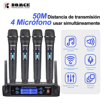 BOMGE Sistema di microfoni wireless, Pro 4 canali cordless set con quattro microfoni portatili, frequenza fissa, lunga autonomia 60 m, ideale per chiesa, karaoke, eventi