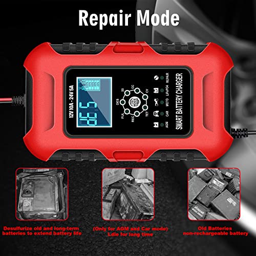 YDBAO Caricabatteria Auto di Carica 10A 12V/24V Carica Batteria Auto Protezione LiFePO4 Multipla Mantenitore di Carica Auto Con Display LCD per Auto Moto