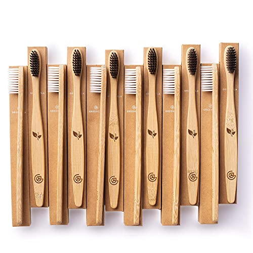 Greenzla Spazzolini Bamboo (Set da 12) | Spazzolini da denti a setole morbide senza BPA | Set di spazzolini da denti in bambù naturale ecologico | Spazzolini da denti biodegradabili e compostabili