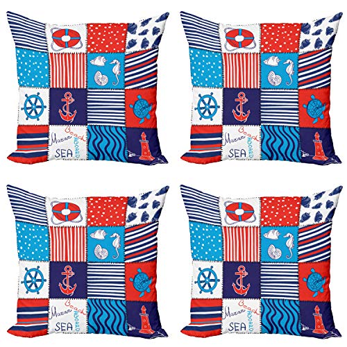 ABAKUHAUS Ancora Federe Cuscini Set di 4, Anchor Hipster, Stampa Digitale Fronte-Retro con Accento Moderno, 60 cm x 60 cm, Blu Nero Bianco