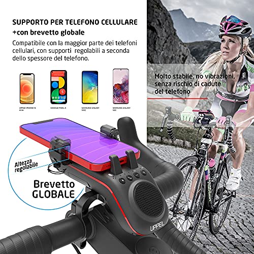 UPPEL Altoparlante Bluetooth per Bicicletta Casse Bluetooth V5.1 5000mAh Accumulatore di energia Luci/Campanello della bici Card SD/TF Funzione 10 in 1 per utilizzo all'aria aperta Sport Campeggio