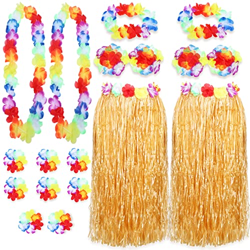 16PCS Gonna Hawaii, Gonna Hula Erba Hawaii con Fiori Braccialetti Collana Fascia Set Costume Festa Hawaii per Bambini Ragazze Festa Donna Estate Decorazioni per Feste in Spiaggia