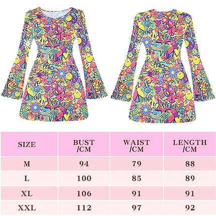 Ulikey 5 Pezzi Costume da Hippie Donna, Costume Carnevale Donna Anni 70, Vestiti, Fascia, Collana, Orecchini, Occhiali Vintage, Accessorio Donna Costume di Halloween Carnevale Festa (XXL)