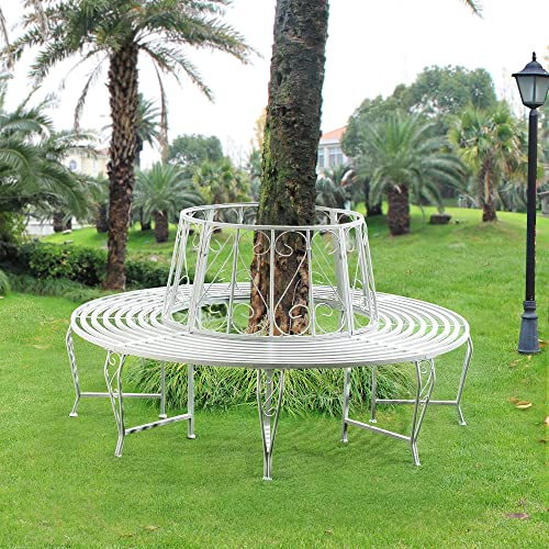 [en.casa] Panca Circolare da Giardino, Seduta Rotonda per Albero, Panchina in Acciaio (ØxA) 160cm x 84cm Struttura Decorativa - Bianco