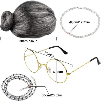 EMAGEREN Kit Parrucca da Nonnina per Travestimento Grigio Nonna Parrucca Nonna Occhiali Collana di Perle Artificiali Gioielli Parrucca Realistica ed Elegante per Feste, Cosplay e Costumi