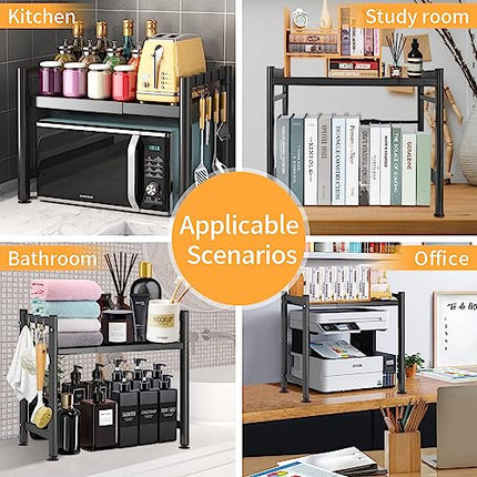 DICLLY Mensola Microonde Estensibile 2 Livelli,Scaffale Cucina Regolabile in Acciaio Carbonio (36,5-60,5cm),Organizer Salvaspazio con 4 Ganci,Carico fino a 25kg,Adatto per Forno a Microonde (Nero)