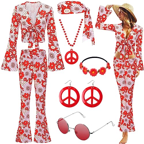 Gohytal Costume Hippie da Donna, 5 Pezzi anni '70 anni '80, Costume hippie Hippie, Accessori per Carnevale, Festival Abbigliamento, Accessori Hippie per Costume di Halloween, Cosplay, Carnevale