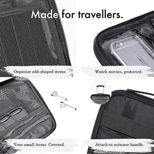 Nomalite Organizzatore per Cavi da Viaggio Custodia Nera per Cavi, caricabatteria e Accessori elettronici con 5 Tasche, 20 Elastici & 3 Aperture per SIM Card/USB. Ideale per Escursioni/Lavoro.