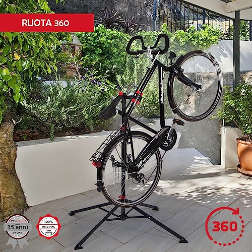 Ultrasport Cavalletto Biciclette, per mountain bike e tutti tipi biciclette a 30 kg, incl. portautensili scomparto magnetico, girevole 360°, sgancio rapido adatto alla vernice, Nero/Rosso