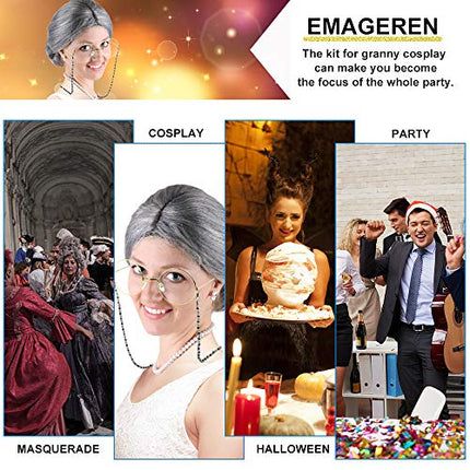 EMAGEREN Kit Parrucca da Nonnina per Travestimento Grigio Nonna Parrucca Nonna Occhiali Collana di Perle Artificiali Gioielli Parrucca Realistica ed Elegante per Feste, Cosplay e Costumi