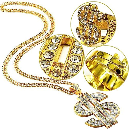 Accessori Rapper, Costume Hip Hop, Hip Hop Set Catena Placcata Oro, Collana Dollaro Collana Piatta Oro Anello Dollaro Travestimento Accessossi per festa a tema 80 anni '90 Concerti Cosplay Carnevale