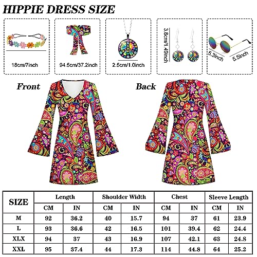 Sealilac Vestito Hippie, Costume Hippie Donna, Vestito Anni 70 Donna con Occhiali Hippie, Fascia per Capelli, Ghirlanda di Fiori, Collana, Orecchini, Adatto per Halloween, Martedì Grasso (XL)