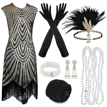 PLULON Abito Gatsby anni '20 con paillettes e frange e frange con set di accessori anni '20 Costumi ruggenti anni '20 Fascia per capelli Collana Guanti per donna