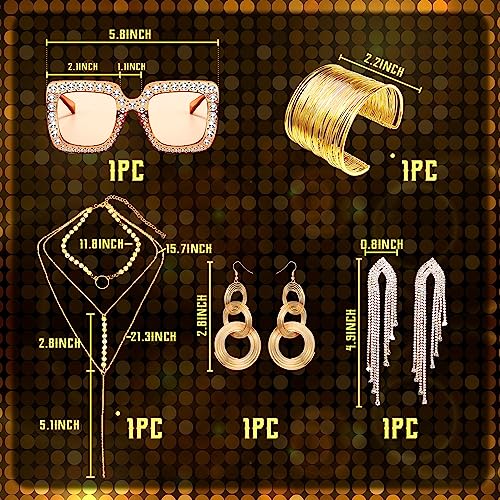 LaVenty Lusso Oro Discoteca Partito Outfit Donne Discoteca Partito Accessori Discoteca Palla Orecchini Discoteca Collana Strass Occhiali 70s Disco Party Supplies Club Musical Festival Outfit