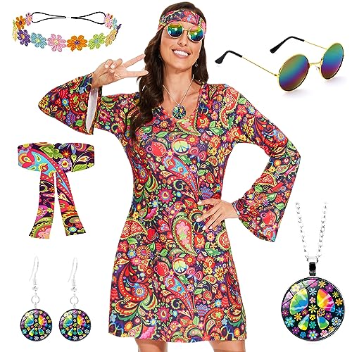 Sealilac Vestito Hippie, Costume Hippie Donna, Vestito Anni 70 Donna con Occhiali Hippie, Fascia per Capelli, Ghirlanda di Fiori, Collana, Orecchini, Adatto per Halloween, Martedì Grasso (XL)