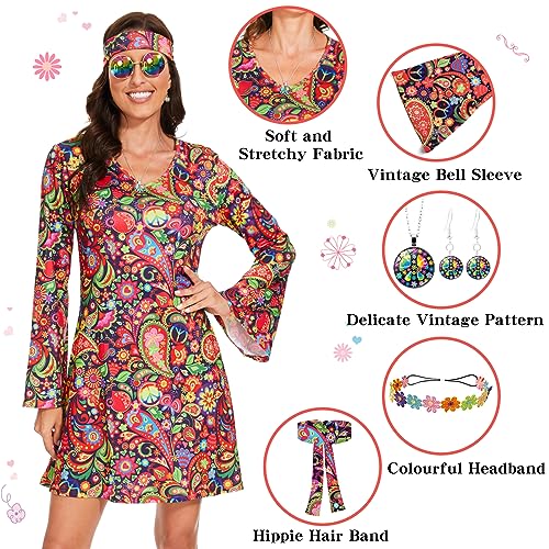 Sealilac Vestito Hippie, Costume Hippie Donna, Vestito Anni 70 Donna con Occhiali Hippie, Fascia per Capelli, Ghirlanda di Fiori, Collana, Orecchini, Adatto per Halloween, Martedì Grasso (XL)