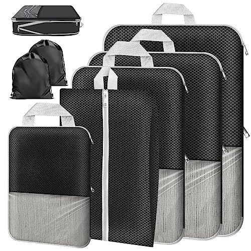 Meejoy Organizer Valigia Set di 7 Packing Cubes, Organizer Valigia Salvaspazio Estensibile, Organizer Viaggio per i Vestiti Scarpe Intimo, Valigia Salvaspazio per Zaini o Bagagli a Mano space(Nero)