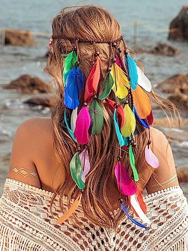 Yean Fasce per capelli con piume bohémien indiane copricapo colorato hippie fascia per capelli fatta a mano piuma rave accessori per capelli