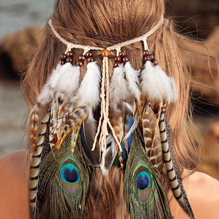 Fashband Fascia per capelli indiana con piume di pavone, stile hippie, accessorio per capelli tribale anni '20, copricapo indiano per donne e ragazze